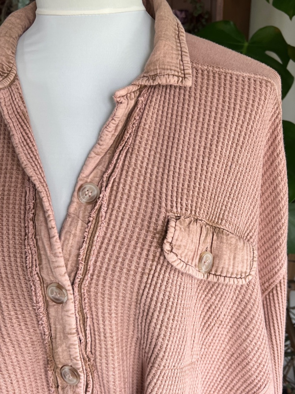 Free People Scout Bunny Dusty Rose Button-Up Waffle Knit Shacket Oversized XS - Picture 7 of 13